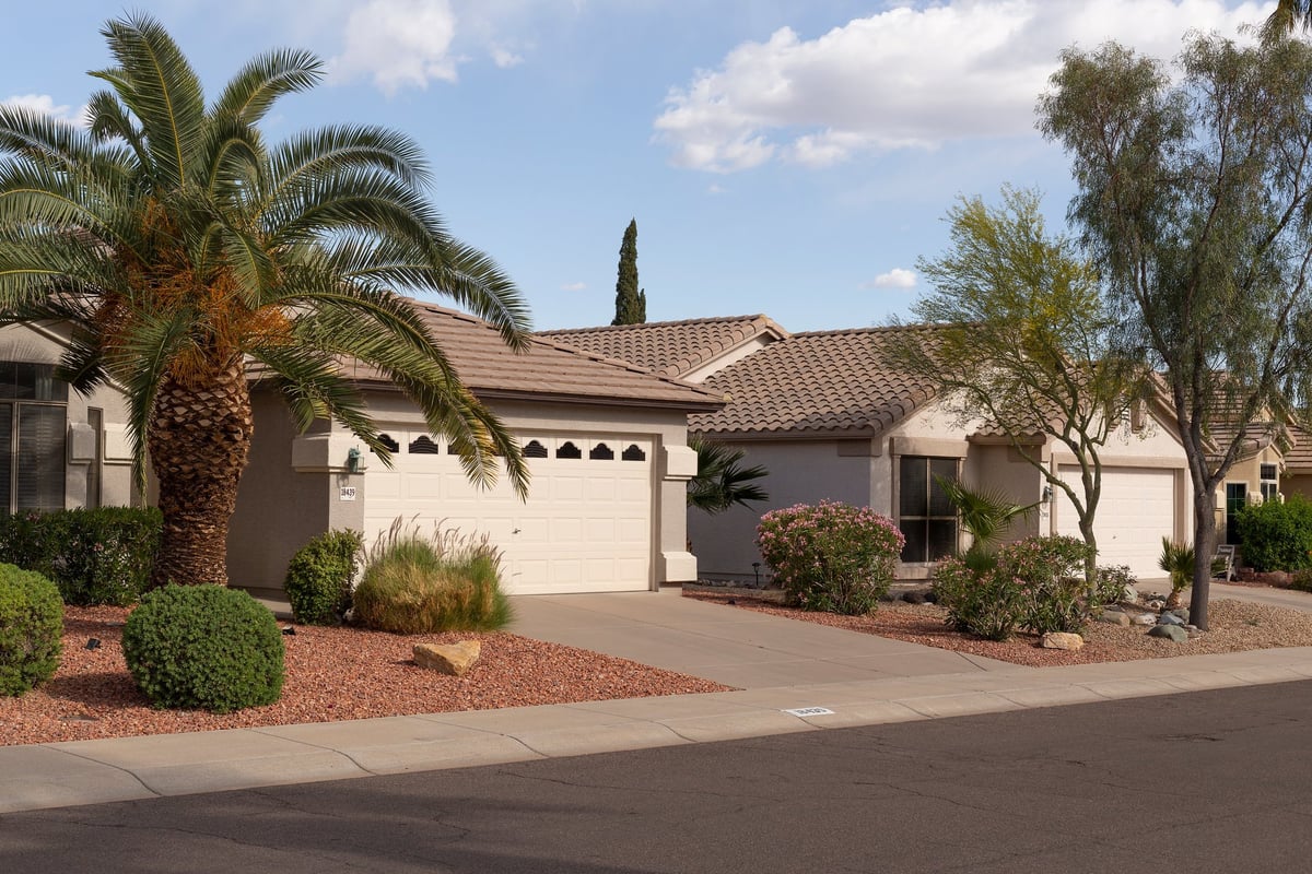 Phoenix, Arizona, United States, April 6, 2025:Exterior view from the street of residential houses on a street in Mesa